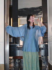 [Clear Sky Comfort] 晴空圆领衫 Original Ming Style Hanfu Top & Green Jacquard Wide-Leg Pants Set