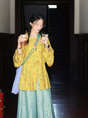 [Butterfly Dawn Dream] 晓梦迷蝶 Original Ming Style Hanfu Set with Round-Collar Shirt and Wide-Leg Pants