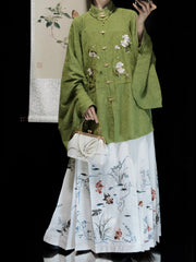[Whispering Brook Deer] 鹿鸣溪 Original Ming Style Stand-Collar Bufu Robe in Green