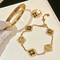 [The Golden Clover] 布契拉丝 Buccellati Style Tiger's Eye Jewelry Set with Brushed Gold Finish
