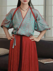 [Cyan Glow] 青荧 Original Tang Style Hanfu Set with Pomegranate Red Skirt