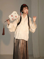 [Luminous Blossom] 明卉 Original Ming Style Hanfu Zhongyi Inner Robe & Metallic Weave Mamian Skirt Set