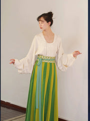 [Spring Dawn at Su Causeway] 谜阿凰 苏堤春晓 Tang Dynasty-Style Tān Lǐng Top and Paneled Skirt Set