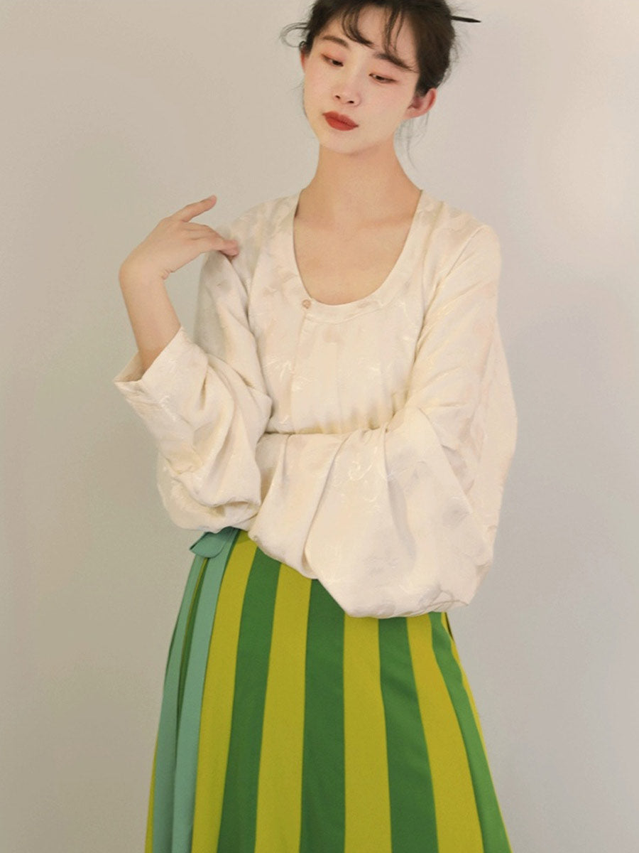 [Spring Dawn at Su Causeway] 谜阿凰 苏堤春晓 Tang Dynasty-Style Tān Lǐng Top and Paneled Skirt Set