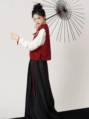 [The Crimson Phoenix] 火雀 Original Runway Hanfu Set with Embroidered Vest, Shirt, and Wide-Leg Pants