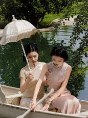 [Scarlett] 斯嘉丽 Original Sleeveless Cold-Shoulder Silk-Luster Qipao - Sexy Slim-Fit Summer Long Dress