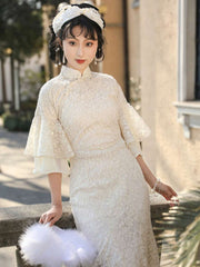 [White Tassel] 繁莳 白流苏 Spring New Elegant Slim-Fit Lace Fishtail Qipao