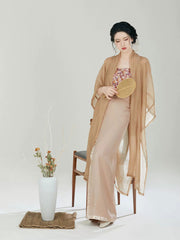 [Ethereal Bloom] 雾花 Original Song Style Hanfu Set with Half-Sleeve Robe & Gold-Trimmed Spinning Skirt