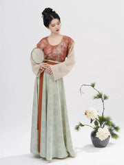 [City of Jade] 碧城 Original Tang Dynasty Hanfu Set with Dunhuang Print Beizi Robe & Eight-Gore Skirt