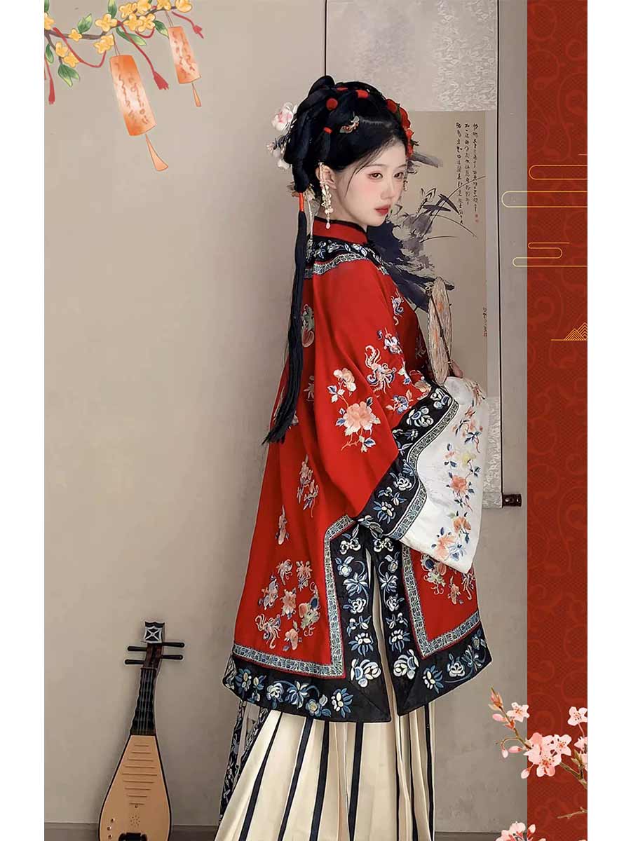 柒小乔 Original Qing Dynasty Style Embroidered Set: Slanting Collar Top & Mamian Skirt - Authentic Photography Attire