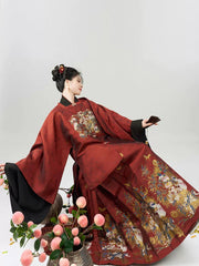 [Jade Peach & Spirit Bamboo] 玉桃灵竹 Original Ming Style Hanfu Set with Square-Collar Robe & Gold-Woven Mamian Skirt