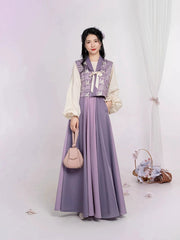 [Taro Milk Tea Dream] 芋泥奶茶 Original Tang Dynasty Hanfu Set with Beizi Vest, Round-Collar Shirt & Eight-Gore Skirt