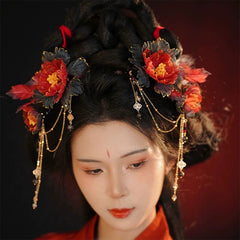 [Vermilion Bloom] 耀如春华 Dazzling Spring Elegance Silk Flocking Flower Hairpin with Tassels