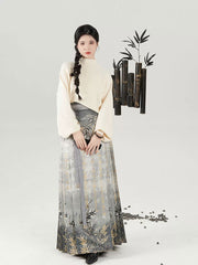 [Verdure of the Bamboo Grove] 竹临叶 Original Ming Style Hanfu Set with Ink-wash Gold-Woven Mamian Skirt