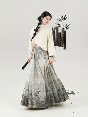 [Verdure of the Bamboo Grove] 竹临叶 Original Ming Style Hanfu Set with Ink-wash Gold-Woven Mamian Skirt