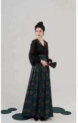 [Jade Reflection] 翠映 Original Tang Style Hanfu Set - Neo-Chinese Modified Floral Top and Nine-Gore Skirt