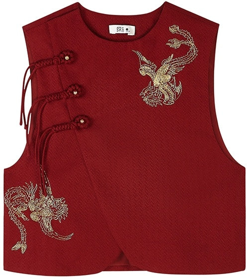 [The Crimson Phoenix] 火雀 Original Runway Hanfu Set with Embroidered Vest, Shirt, and Wide-Leg Pants