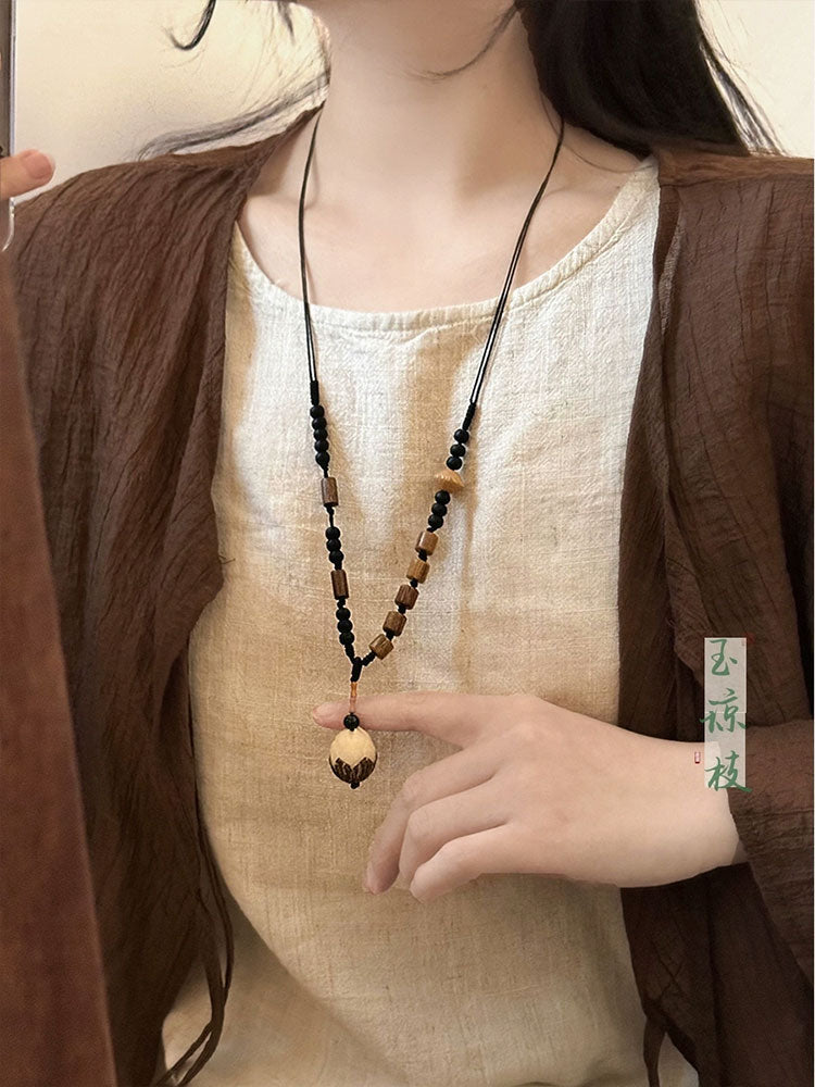 [Spiritual Harmony] 国风禅意 Zen Beaded Long Necklace with White Jade Bodhi for Sweater Chain & Hanfu