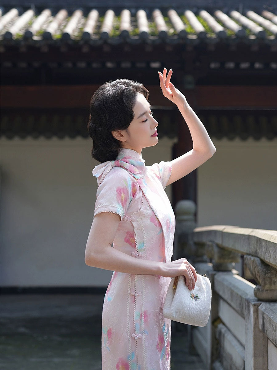 春和景明 [Spring Harmony] Original Camellia Flat-Cut Silk Blend Qipao - 30.5 Momme Heavyweight Silk