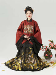 [Jade Peach & Spirit Bamboo] 玉桃灵竹 Original Ming Style Hanfu Set with Square-Collar Robe & Gold-Woven Mamian Skirt