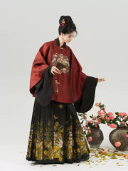 [Jade Peach & Spirit Bamboo] 玉桃灵竹 Original Ming Style Hanfu Set with Square-Collar Robe & Gold-Woven Mamian Skirt