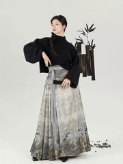[Verdure of the Bamboo Grove] 竹临叶 Original Ming Style Hanfu Set with Ink-wash Gold-Woven Mamian Skirt