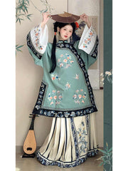 柒小乔 Original Qing Dynasty Style Embroidered Set: Slanting Collar Top & Mamian Skirt - Authentic Photography Attire