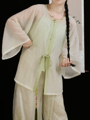 [Green Plum Serenity] 青梅 Original Ming Style Round-Collar Shirt & Camisole Set with Song Pants