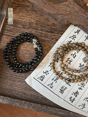 [Zen Retreat] 复古民族风 Tibetan Dzi Bead Triple-Wrap Bracelet in Ebony/Sandalwood for Layered Wear