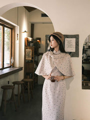 [Almond Latte]繁莳 杏仁拿铁  Vintage "Rich Girl" Style Polka Dot Qipao & Butterfly Cape Ensemble