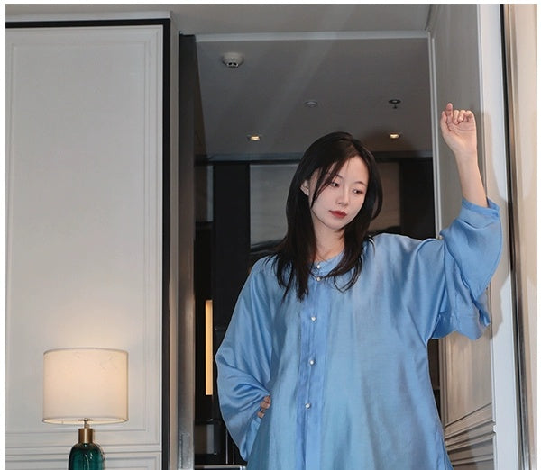 [Clear Sky Comfort] 晴空圆领衫 Original Ming Style Hanfu Top & Green Jacquard Wide-Leg Pants Set