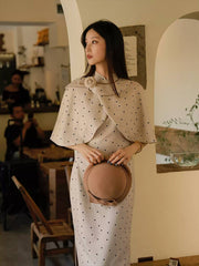 [Almond Latte]繁莳 杏仁拿铁  Vintage "Rich Girl" Style Polka Dot Qipao & Butterfly Cape Ensemble