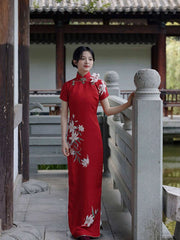 [Hundred Years of Harmony] Original Lily Embroidery Red Wedding/Toast Long Qipao - Flat-Cut Traditional Design