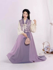 [Taro Milk Tea Dream] 芋泥奶茶 Original Tang Dynasty Hanfu Set with Beizi Vest, Round-Collar Shirt & Eight-Gore Skirt