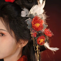 [Vermilion Bloom] 耀如春华 Dazzling Spring Elegance Silk Flocking Flower Hairpin with Tassels