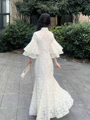 [White Tassel] 繁莳 白流苏 Spring New Elegant Slim-Fit Lace Fishtail Qipao