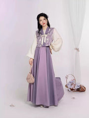 [Taro Milk Tea Dream] 芋泥奶茶 Original Tang Dynasty Hanfu Set with Beizi Vest, Round-Collar Shirt & Eight-Gore Skirt