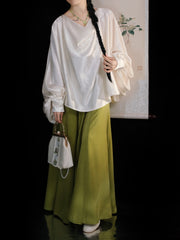 [Whispering Brook Deer] 鹿鸣溪 Original Tang Style Cowl Neck Shirt & Multi-Color Gore Skirt Set