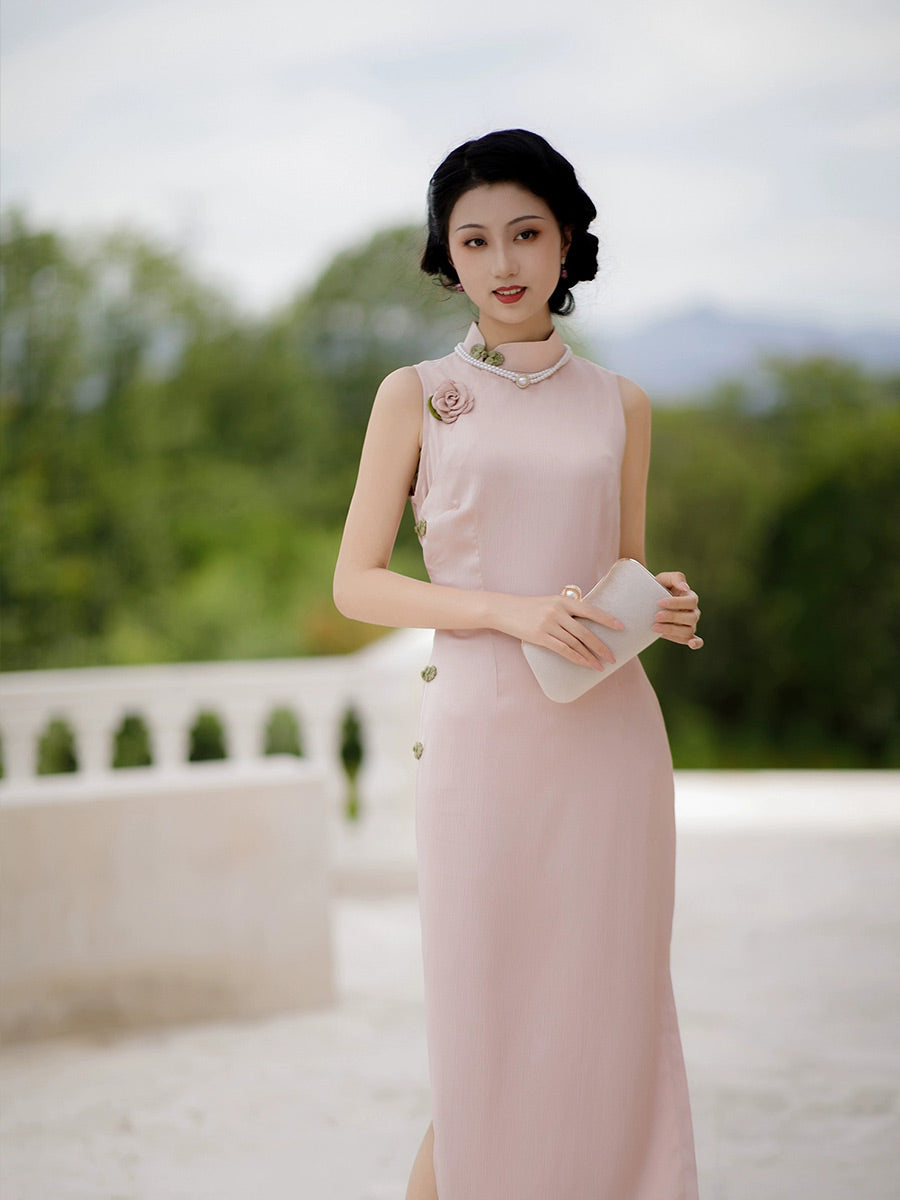 [Scarlett] 斯嘉丽 Original Sleeveless Cold-Shoulder Silk-Luster Qipao - Sexy Slim-Fit Summer Long Dress