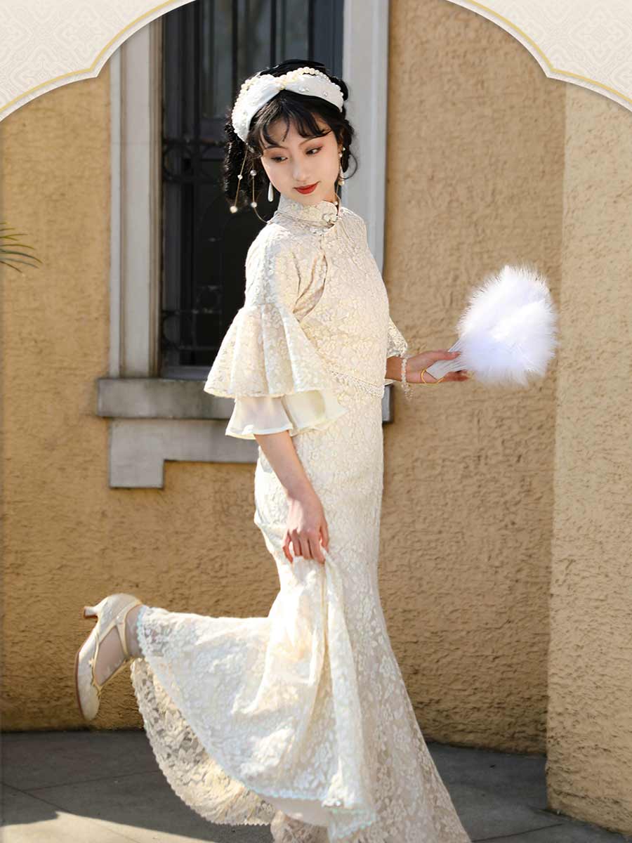 [White Tassel] 繁莳 白流苏 Spring New Elegant Slim-Fit Lace Fishtail Qipao