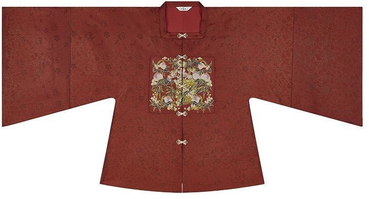 [Jade Peach & Spirit Bamboo] 玉桃灵竹 Original Ming Style Hanfu Set with Square-Collar Robe & Gold-Woven Mamian Skirt