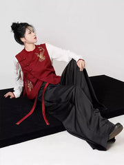 [The Crimson Phoenix] 火雀 Original Runway Hanfu Set with Embroidered Vest, Shirt, and Wide-Leg Pants