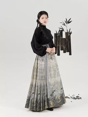 [Verdure of the Bamboo Grove] 竹临叶 Original Ming Style Hanfu Set with Ink-wash Gold-Woven Mamian Skirt