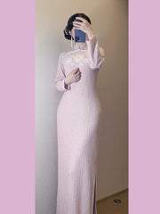 [Purple Hibiscus] 繁莳 紫槿 "Rich Girl" Style Sequin Pearl Qipao - Gentle Lotus Pink Autumn Ensemble