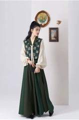 [Bai Na] 百纳 Original Design Tang Dynasty Hanfu Set - Tang Beizi Vest, Pullover Round Collar Shirt, and Eight-Gore Skirt