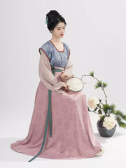 [City of Jade] 碧城 Original Tang Dynasty Hanfu Set with Dunhuang Print Beizi Robe & Eight-Gore Skirt