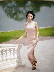 [Scarlett] 斯嘉丽 Original Sleeveless Cold-Shoulder Silk-Luster Qipao - Sexy Slim-Fit Summer Long Dress