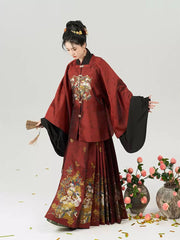 [Jade Peach & Spirit Bamboo] 玉桃灵竹 Original Ming Style Hanfu Set with Square-Collar Robe & Gold-Woven Mamian Skirt