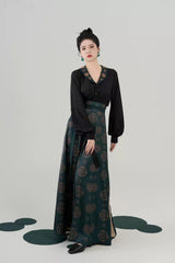 [Jade Reflection] 翠映 Original Tang Style Hanfu Set - Neo-Chinese Modified Floral Top and Nine-Gore Skirt