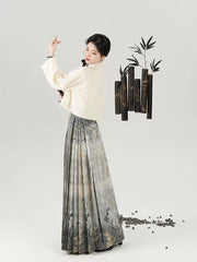 [Verdure of the Bamboo Grove] 竹临叶 Original Ming Style Hanfu Set with Ink-wash Gold-Woven Mamian Skirt